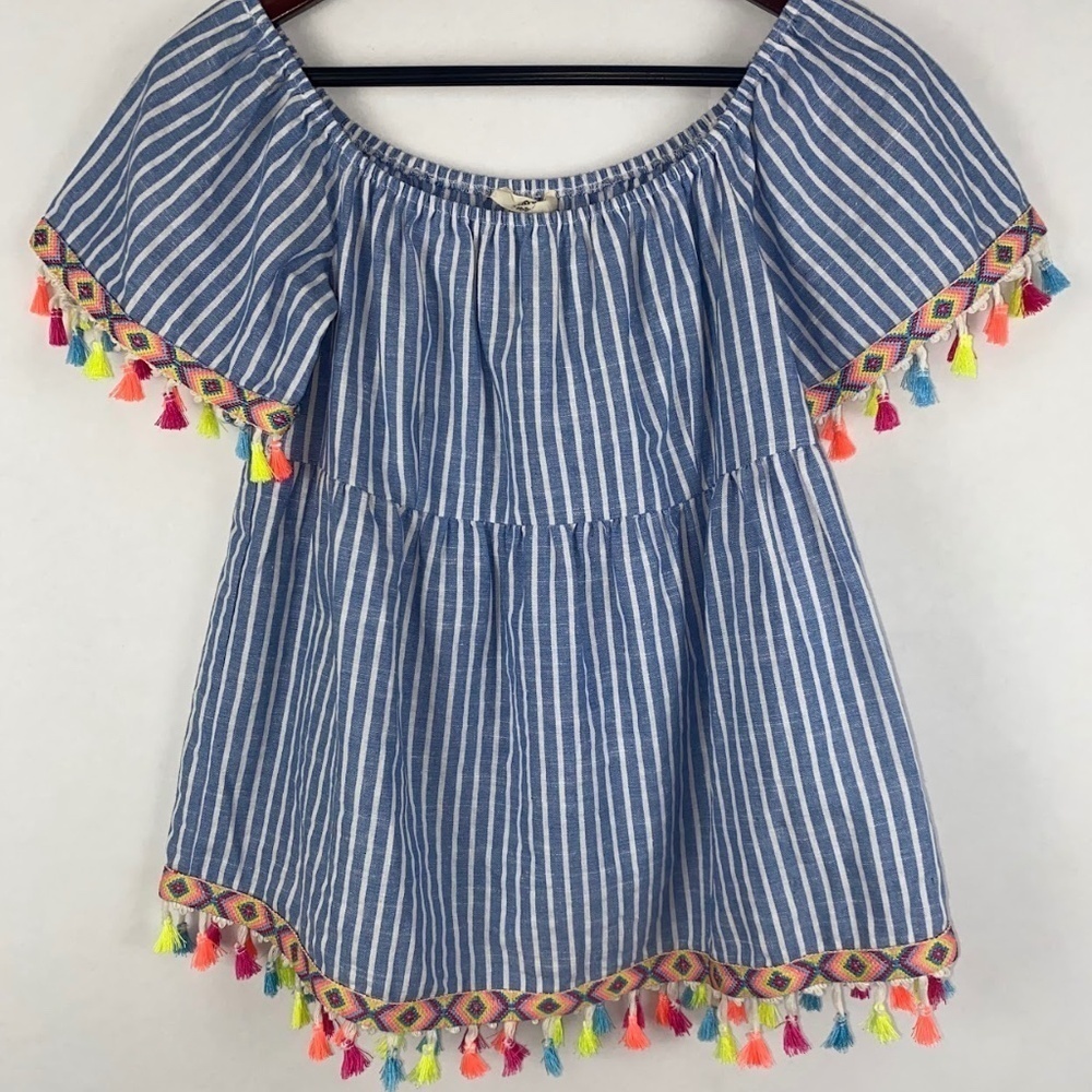 Entro Off Shoulder Blue White Stripe Neon Tassels Short Sleeve Top Small EUC